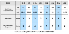 Popcorn Cardi - Size Table