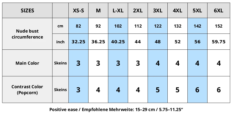 Popcorn Cardi - Size Table